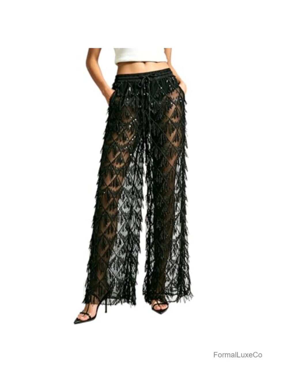 QTLUOYE Women's Sequin Fringe Wide Leg Sheer Mesh Party Trousers